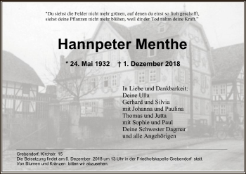 Traueranzeige von Hannpeter Menthe von Eschwege