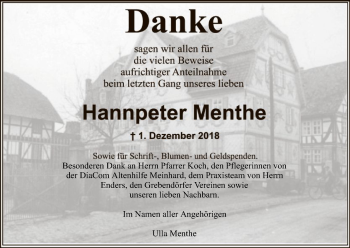 Traueranzeige von Hannpeter Menthe von Eschwege