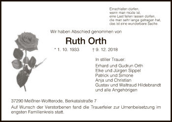 Traueranzeige von Ruth Orth von Eschwege