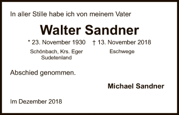 Traueranzeige von Walter Sandner von Eschwege