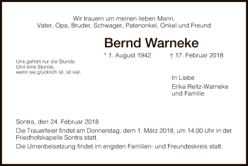 Traueranzeige von Bernd Warneke von Eschwege