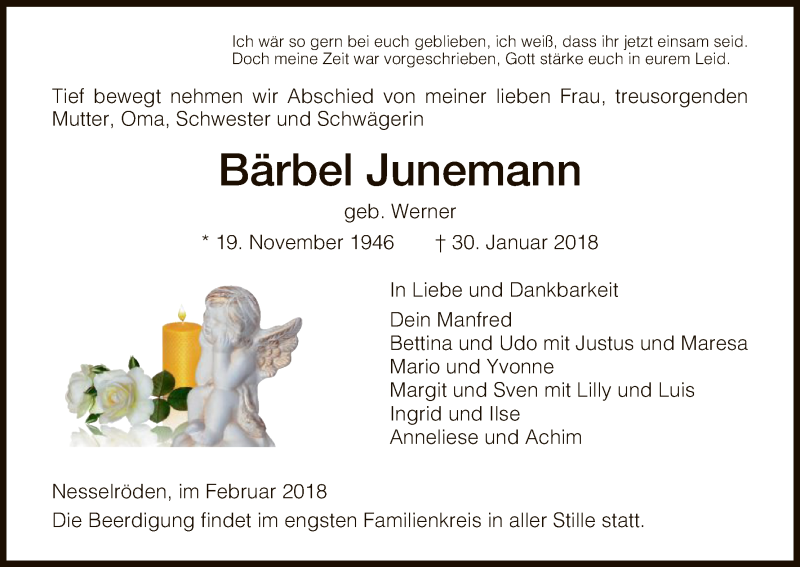  Traueranzeige für Bärbel Junemann vom 07.02.2018 aus Eschwege