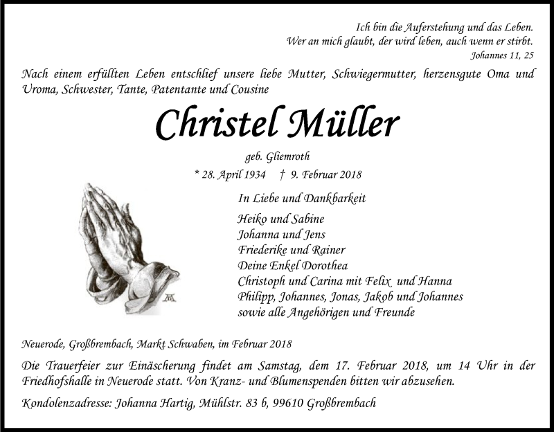  Traueranzeige für Christel Müller vom 14.02.2018 aus Eschwege