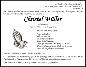 Traueranzeige von Christel Müller von Eschwege