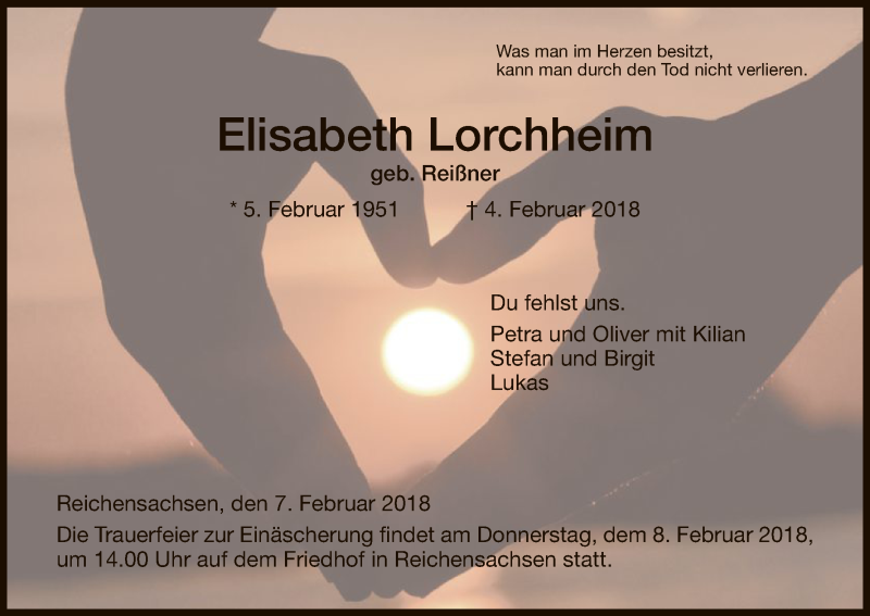  Traueranzeige für Elisabeth Lorchheim vom 07.02.2018 aus Eschwege