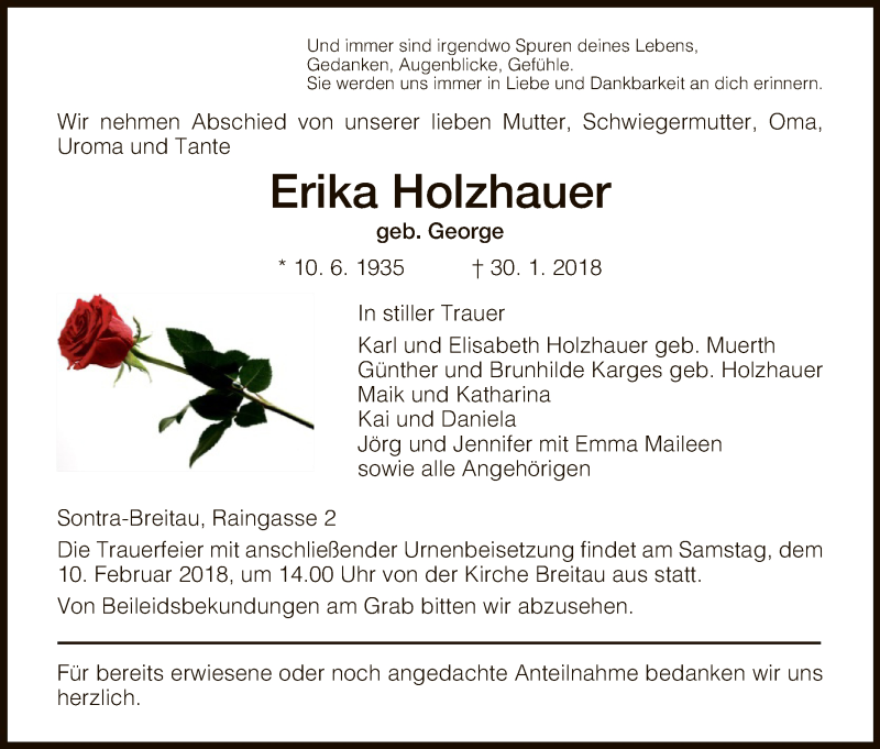  Traueranzeige für Erika Holzhauer vom 08.02.2018 aus Eschwege