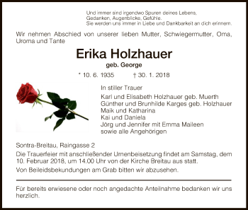 Traueranzeige von Erika Holzhauer von Eschwege