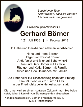 Traueranzeige von Gerhard Börner von Eschwege