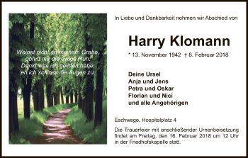 Traueranzeige von Harry Klomann von Eschwege