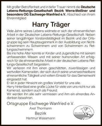 Traueranzeige von Harry Träger von Eschwege
