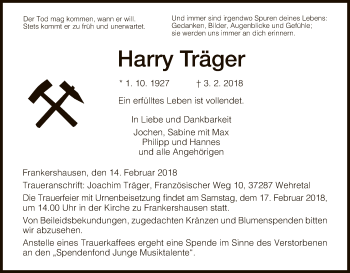 Traueranzeige von Harry Träger von Eschwege