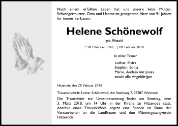 Traueranzeige von Helene Schönewolf von Eschwege