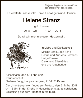 Traueranzeige von Helene Stranz von Eschwege