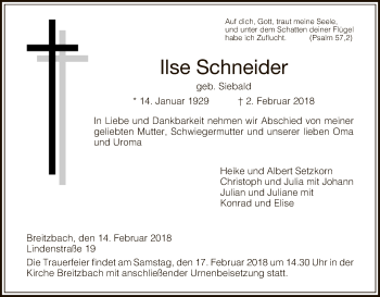 Traueranzeige von Ilse Schneider von Eschwege