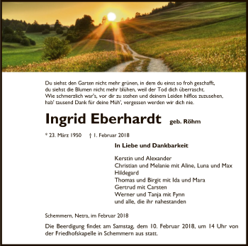 Traueranzeige von Ingrid Eberhardt von Eschwege