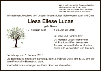 Traueranzeige von Liesa Eliese Lucas von Eschwege