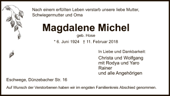 Traueranzeige von Magdalene Michel von Eschwege
