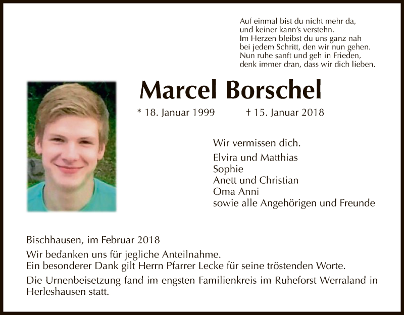  Traueranzeige für Marcel Borschel vom 05.02.2018 aus Eschwege