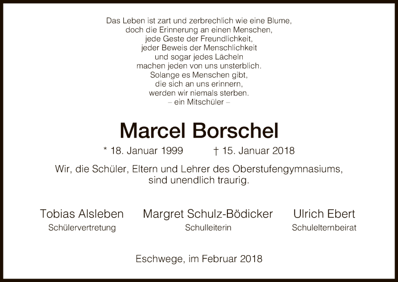  Traueranzeige für Marcel Borschel vom 07.02.2018 aus Eschwege