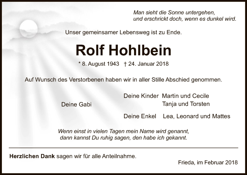  Traueranzeige für Rolf Hohlbein vom 12.02.2018 aus Eschwege