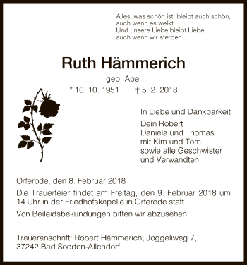 Traueranzeige von Ruth Hämmerich von Eschwege