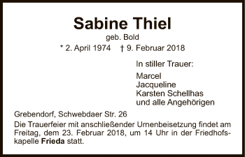Traueranzeige von Sabine Thiel von Eschwege