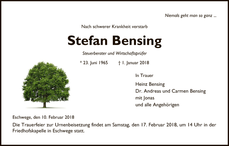  Traueranzeige für Stefan Bensing vom 10.02.2018 aus Eschwege