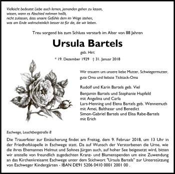 Traueranzeige von Ursula Bartels von Eschwege