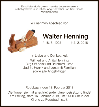 Traueranzeige von Walter Henning von Eschwege