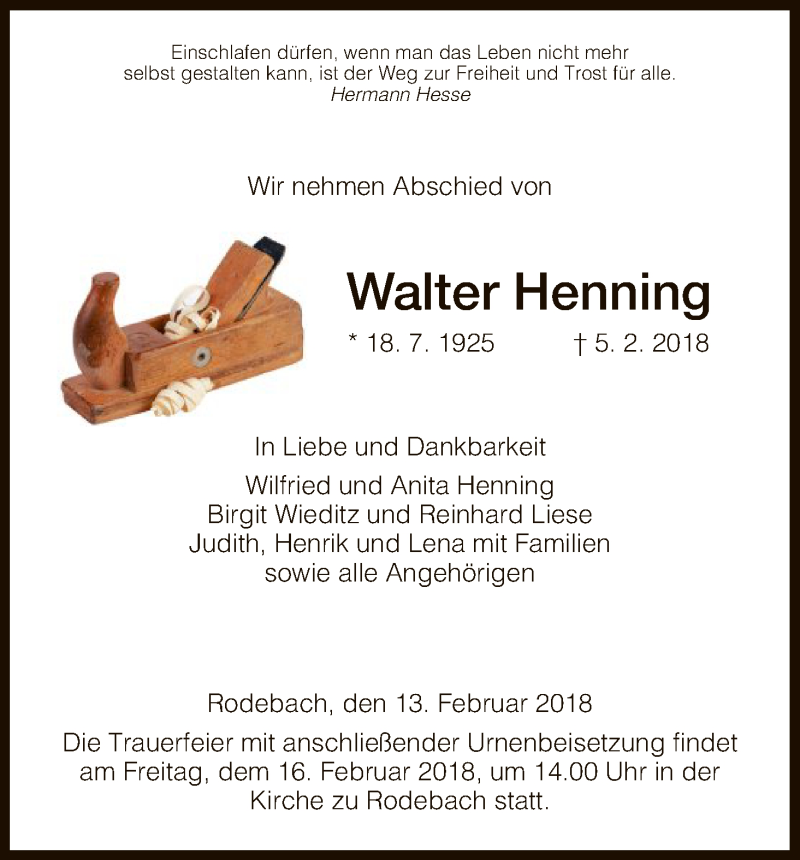  Traueranzeige für Walter Henning vom 13.02.2018 aus Eschwege