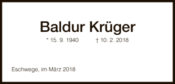 Traueranzeige von Baldur Krüger von Eschwege