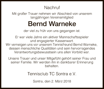 Traueranzeige von Bernd Warneke von Eschwege