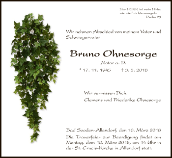 Traueranzeige von Bruno Ohnesorge von Eschwege