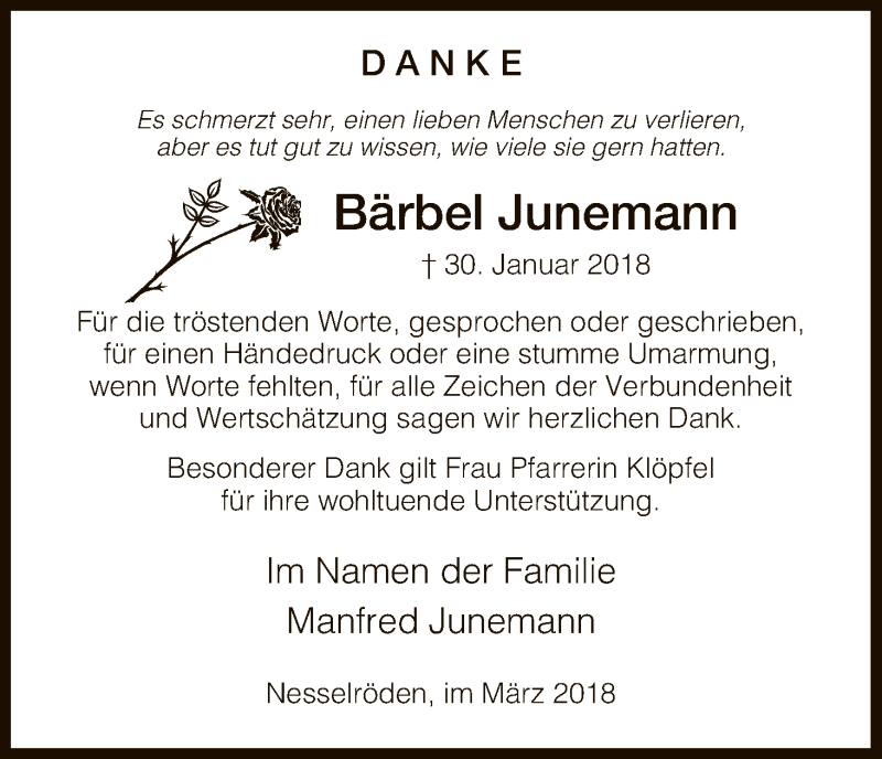  Traueranzeige für Bärbel Junemann vom 10.03.2018 aus Eschwege