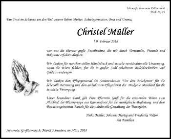 Traueranzeige von Christel Müller von Eschwege