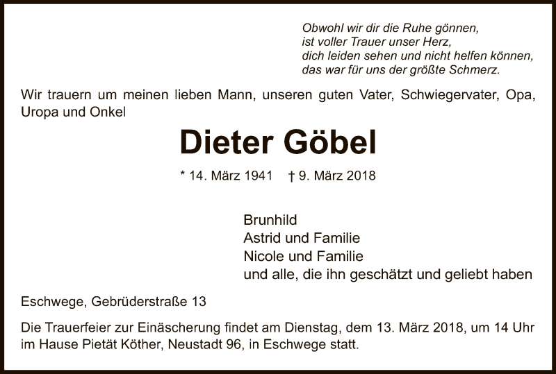  Traueranzeige für Dieter Göbel vom 12.03.2018 aus Eschwege