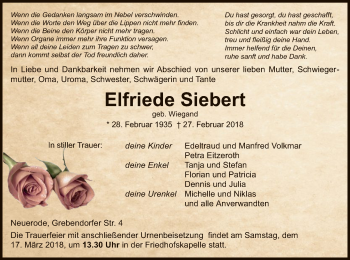 Traueranzeige von Elfriede Siebert von Eschwege