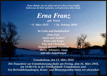 Traueranzeige von Erna Franz von Eschwege