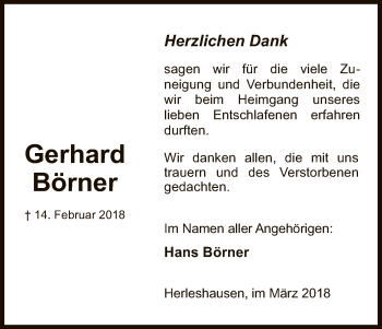 Traueranzeige von Gerhard Börner von Eschwege