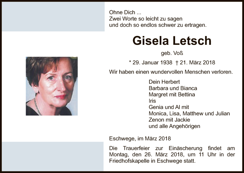  Traueranzeige für Gisela Letsch vom 24.03.2018 aus Eschwege