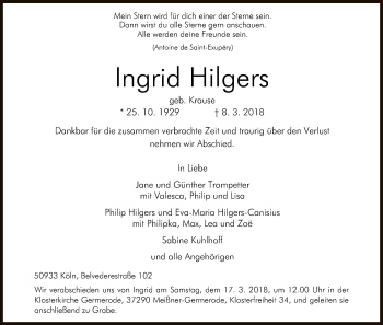 Traueranzeige von Ingrid Hilgers von Eschwege