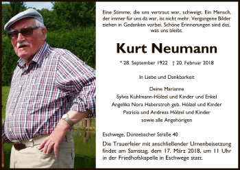 Traueranzeige von Kurt Neumann von Eschwege