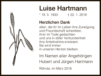 Traueranzeige von Luise Hartmann von Eschwege