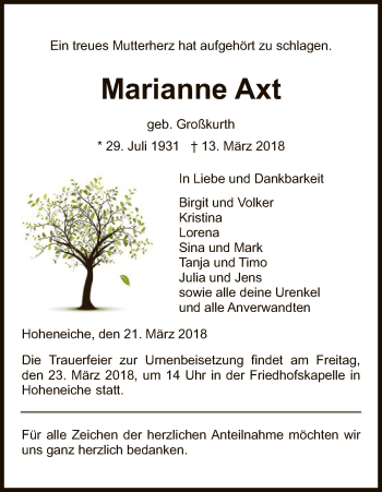 Traueranzeige von Marianne Axt von Eschwege