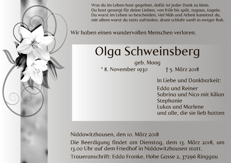  Traueranzeige für Olga Schweinsberg vom 10.03.2018 aus Eschwege