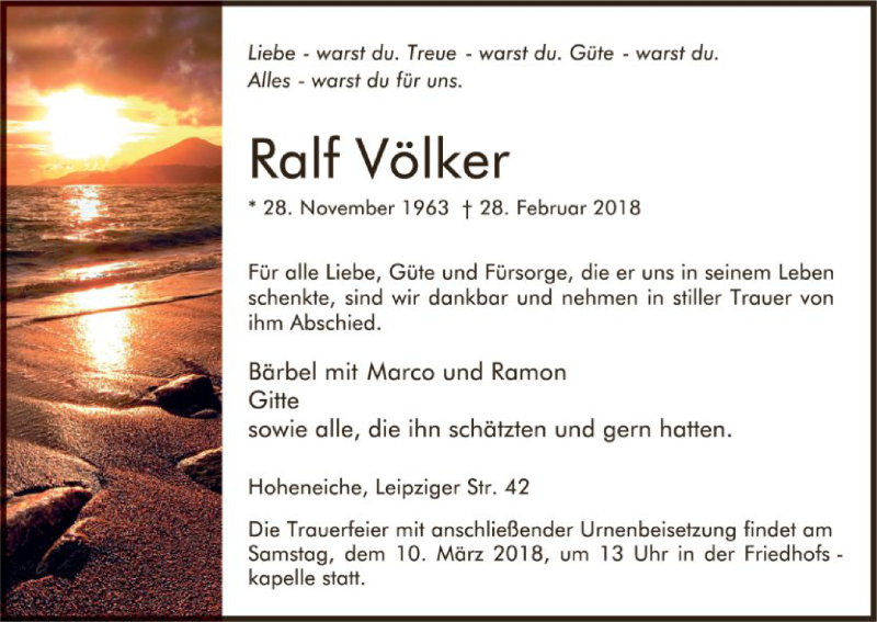  Traueranzeige für Ralf Völker vom 05.03.2018 aus Eschwege