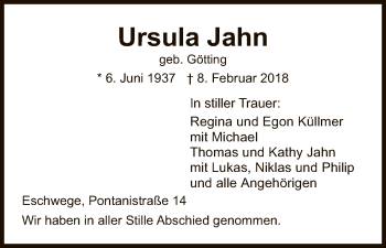 Traueranzeige von Ursula Jahn von Eschwege