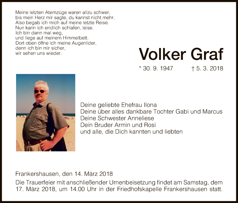  Traueranzeige für Volker Graf vom 14.03.2018 aus Eschwege