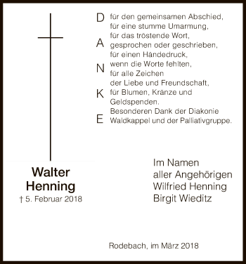 Traueranzeige von Walter Henning von Eschwege