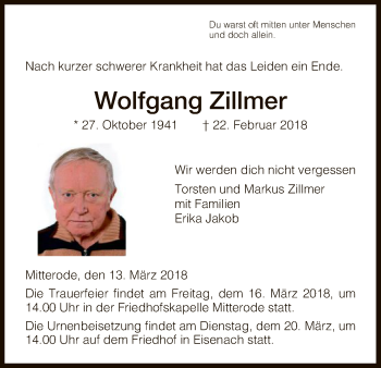 Traueranzeige von Wolfgang Zillmer von Eschwege